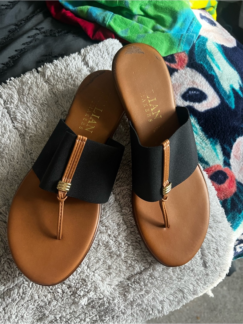 Italian shoemaker Black and Tan Leather Slide Sandals